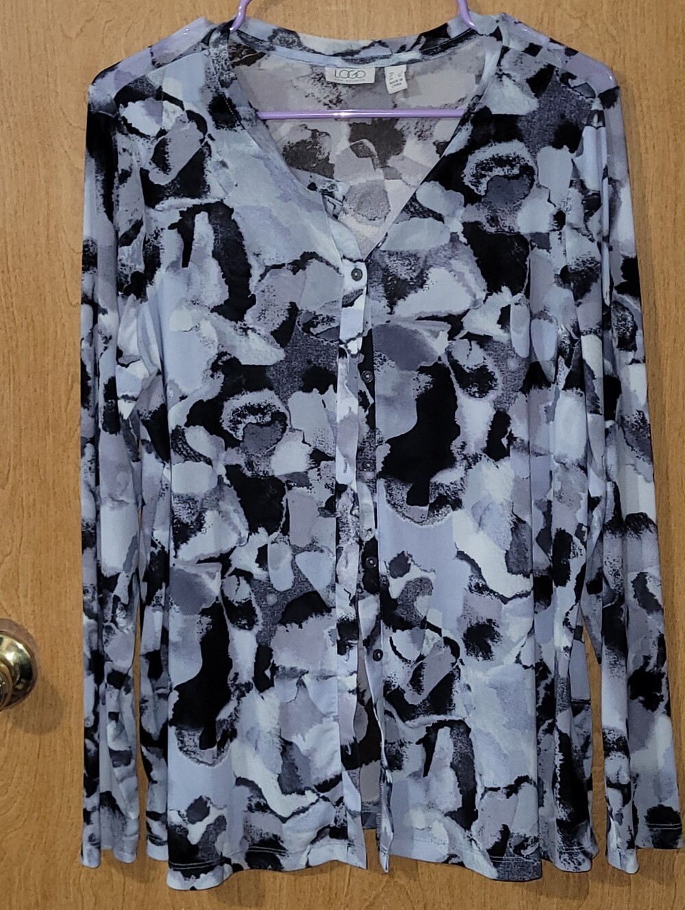 LOGO Layers Gray & Black Abstract Mesh Cardigan Open Front Long Sleeve Size L